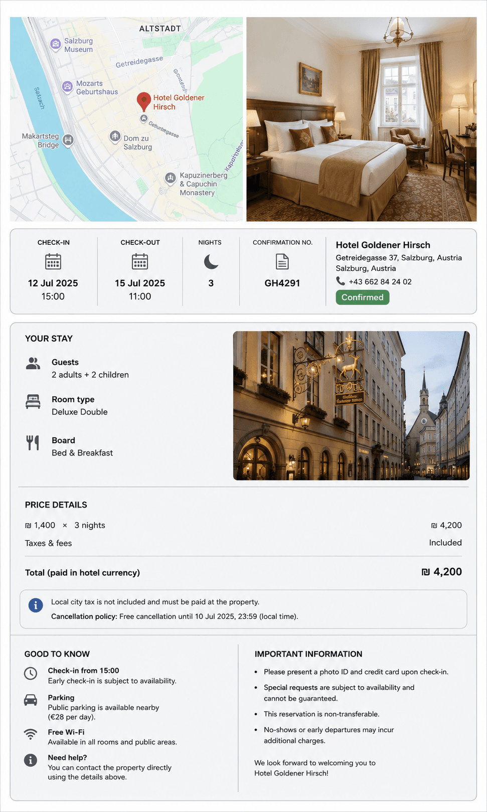 Hotel booking confirmation — Hotel Goldener Hirsch, Salzburg